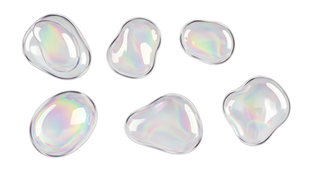 Six translucent iridescent organic shaped objects with soft reflections isolated on transparent background