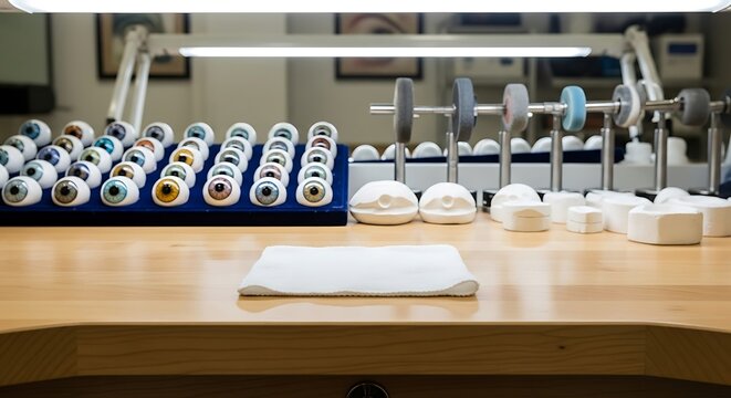 Ocularist workshop with rows of prosthetic eyes and tools on a wooden workbench for commercial usage and mockups