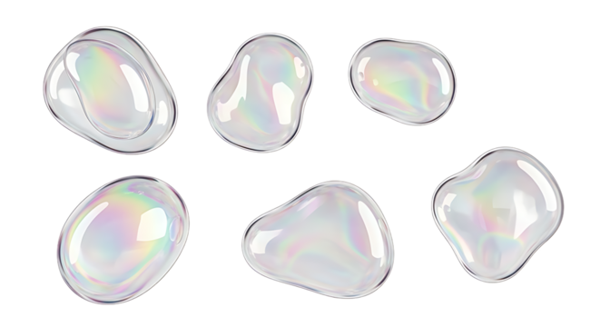 Six translucent iridescent organic shaped objects with soft reflections isolated on transparent background