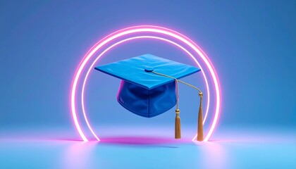 Blue graduation cap with gold tassel floating in neon arc, symbolizing achievement and modern celebration.