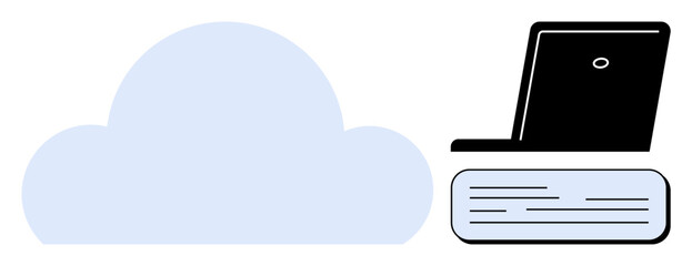 Obraz premium A large cloud graphic next to a laptop atop a server, representing cloud computing, online storage, and digital infrastructure. Ideal for technology, networking, remote work, data backup, IT