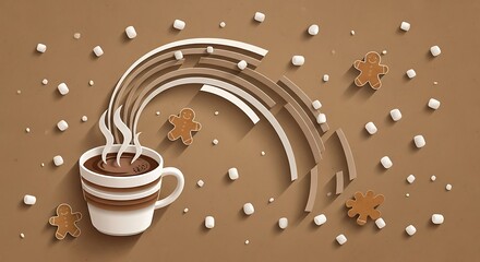 Artistic coffee cup with marshmallows and gingerbread cookies.