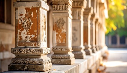 Aged stone columns with carved floral details line a pathway, hinting at a historic structure. The sunlight adds warmth