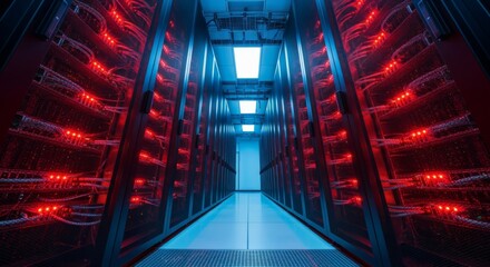 Digital computing hub a server room with glowing red racks and blue pathway