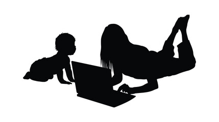Mother lying in prone position working on laptop accompanied by her baby son black silhouette vector illustration.