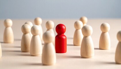 Red figurine stands out in center of wooden circle, symbolizing uniqueness and leadership.