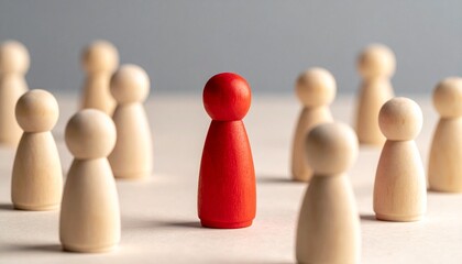 Red figurine stands out in center of wooden circle, symbolizing uniqueness and leadership.
