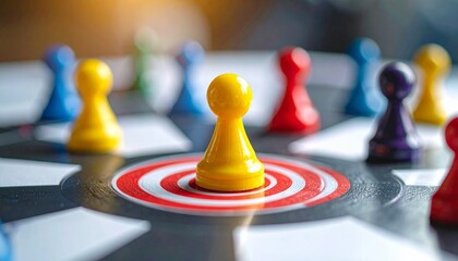 Colorful pawns on a target surface with yellow center piece, symbolizing strategy and leadership.
