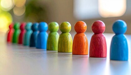 Ten colorful pawns in a straight line on reflective surface with bokeh background, symbolizing unity and diversity.