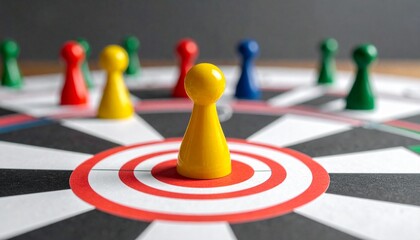 Colorful pawns on a target surface with yellow center piece, symbolizing strategy and leadership.