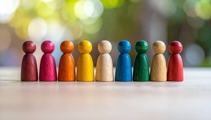 Ten colorful pawns in a straight line on reflective surface with bokeh background, symbolizing unity and diversity.