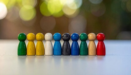 Ten colorful pawns in a straight line on reflective surface with bokeh background, symbolizing unity and diversity.