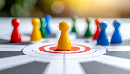 Colorful pawns on a target surface with yellow center piece, symbolizing strategy and leadership.