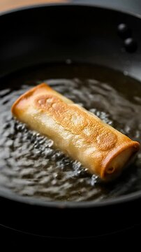 Sizzling Golden Spring Roll Frying in Hot Oil: Delicious Asian Cuisine Cooking Process