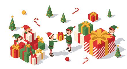 Fototapeta premium Festive christmas scene with elves and colorful gifts in isometric style