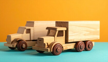 Wooden toy truck with cargo blocks on blue-orange background, showcasing handcrafted detail and playfulness.