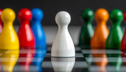 White pawn in focus stands apart from colorful row on reflective surface with bokeh lights.