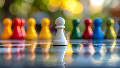 White pawn in focus stands apart from colorful row on reflective surface with bokeh lights.