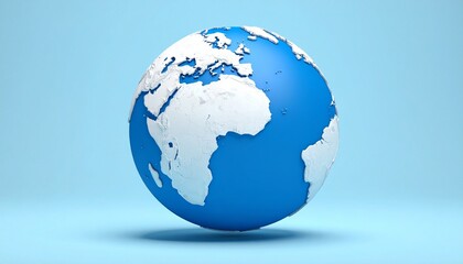 3D globe with white continents on blue ocean, set against light blue background, symbolizing global perspective.