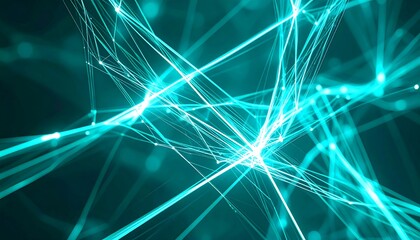 Abstract teal lines and glowing dots interconnected on a dark background, forming a web-like, futuristic structure
