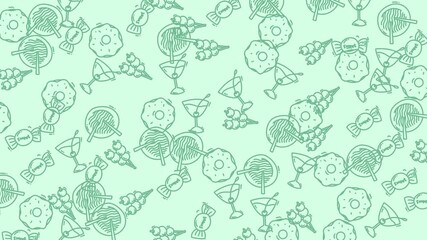 Stock photo features light green background filled with various images of delicious foods and refreshing drinks. Perfect for food blog or menu design.