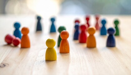 Colorful pawns on wood surface, one isolated in front, symbolizing individuality and group dynamics.