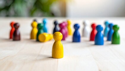 Colorful pawns on wood surface, one isolated in front, symbolizing individuality and group dynamics.