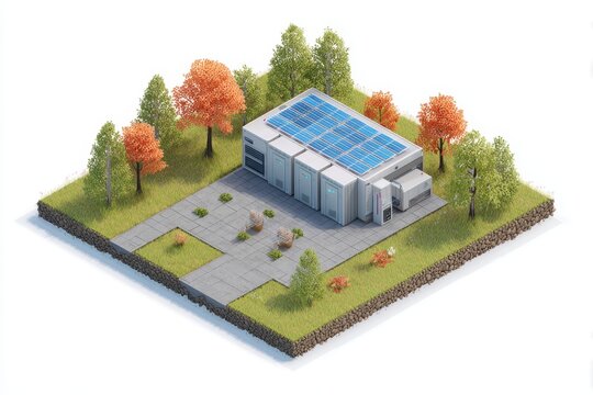 Isometric Server Farm on Island: Digital Infrastructure with Solar Panels and Trees for Sustainable Cloud Computing System Design