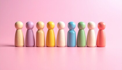 Colorful wooden figurines arranged in rows on pink surface, symbolizing diversity and community.