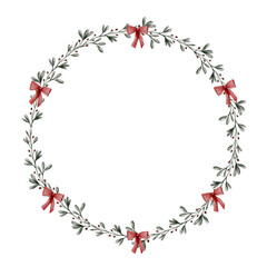 Watercolor wreath with red bows and green leaves
