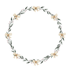 Watercolor foliage wreath with beige bows and leaves