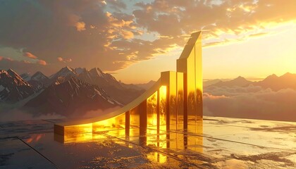 An abstract, golden graph rises majestically against a backdrop of mountain peaks, clouds, and a sunset-lit sky. A sleek, reflective surface reflects the golden glow