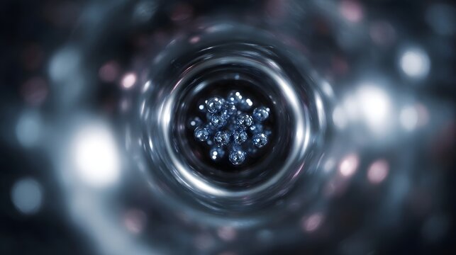 Abstract digital art showing a glowing cluster of blue particles within a dark tunnel like vortex
