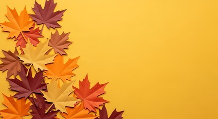 Fototapeta premium Autumnal Maple Leaves on a Vibrant Yellow Background.