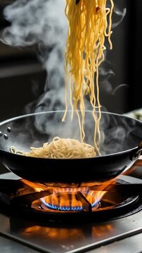 Steaming Noodles Lifted by Chopsticks from a Wok Over Blazing Gas Flames