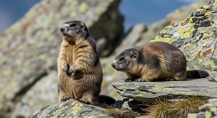 Alpine Marmots on Rocky Terrain - A Wildlife Encounter in the Mountains.