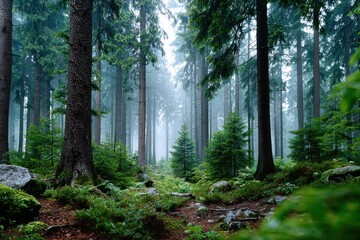Fototapeta premium Misty Forest Path with Tall Evergreen Trees