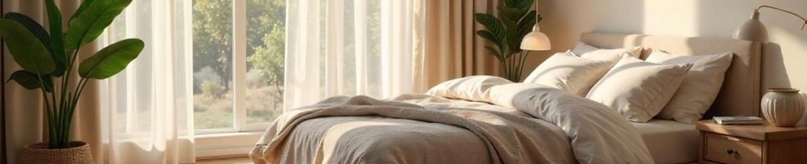 Serene Bedroom Sanctuary Soft Natural Light Illuminates Plush Bed, Calming Neutral Tones & Textures Perfect for Relaxation and Peaceful Sleep