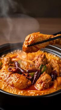 Steaming Spicy Chicken Stew: A Culinary Close-Up with Chopsticks Action