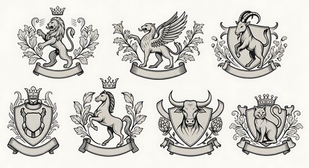 Heraldic Crests Collection - Regal Animal Emblems and Decorative Designs.