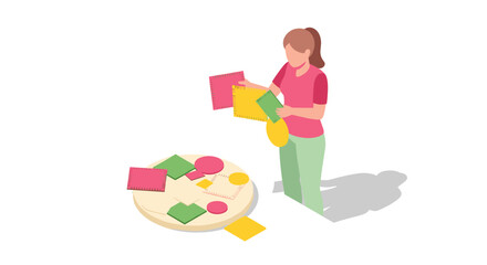Woman engaging in geometric puzzle activity in isometric style