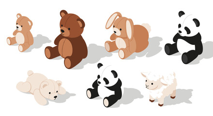 Fototapeta premium Charming isometric animal toys featuring bears, panda, rabbit, and sheep