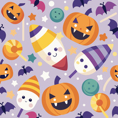 Fototapeta premium Cute halloween candies and pumpkins pattern