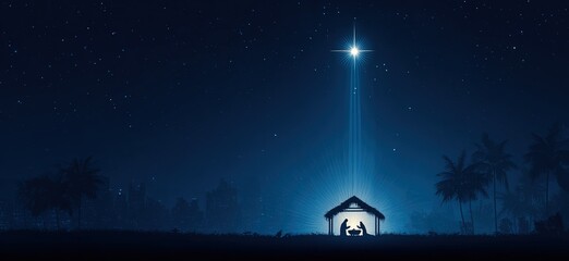 Night scene of Jesus' birth under a bright Star of Bethlehem, with blue tones evoking peace, hope, and Christmas spirituality. For seasonal print campaigns, postcards, or advertising backgrounds.