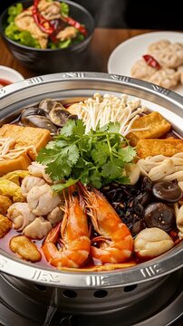 Steaming Spicy Seafood Hot Pot Simmering with Fresh Prawns, Tofu, and Assorted Mushrooms