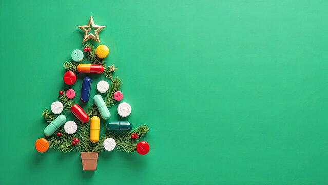 medicine pills shape of christmas tree on green background, Concept christmas tree and new year, medical flatlay. Creative new year tree