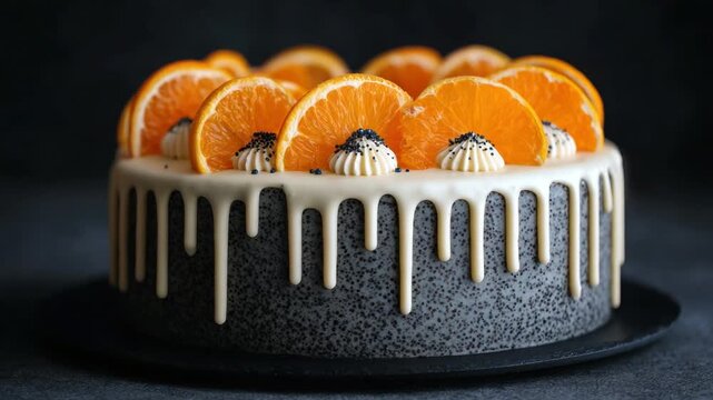 Elegant orange cake with white drip icing and poppy seeds