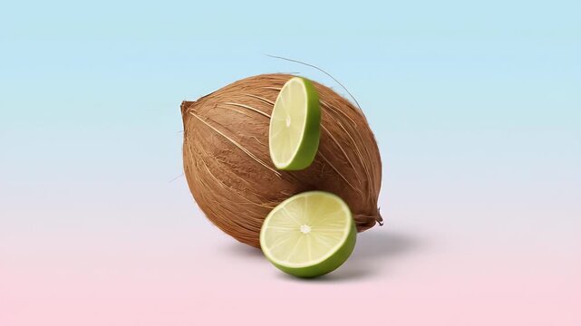 Tropical Coconut and Zesty Lime Slices Floating in Gradient Sky
