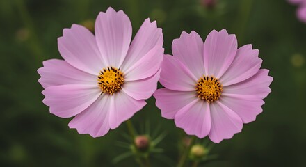 Obraz premium Two delicate pink cosmos flowers in full bloom against a blurred background.