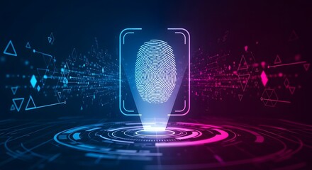 Futuristic digital interface displaying a holographic fingerprint scan for biometric authentication and cyber security, representing secure data access and identity verification